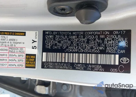 2017 Toyota Prius Three из США, поврежденный, VIN JTDKARFU3H3543566